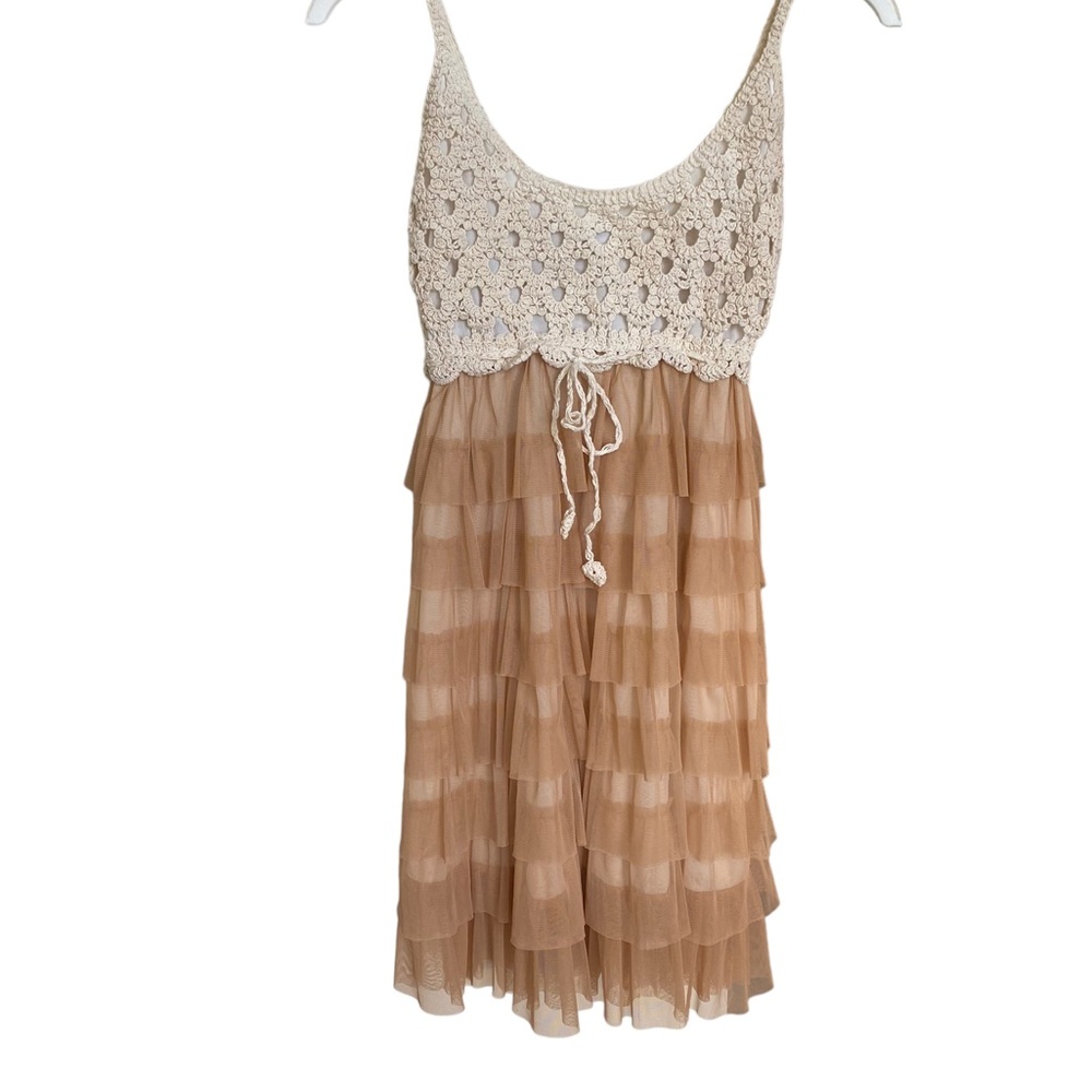 Crochet sundress with tiered tulle skirt. Size med with adj straps